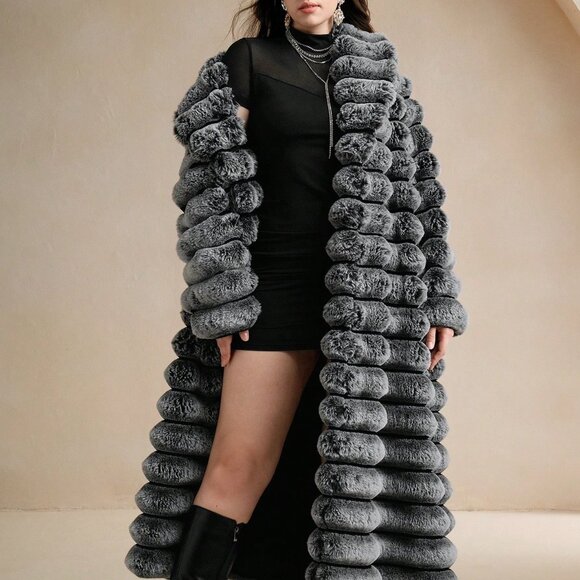 Black And White Fluffy Women's Mid-Length Coat - Picture 5 of 8